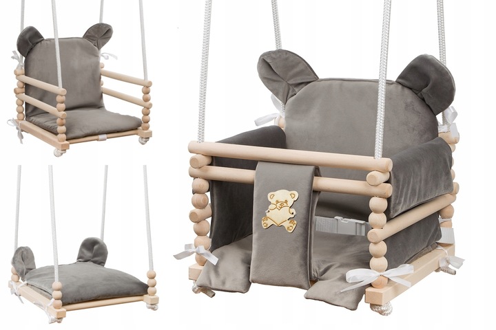 Huśtawka dla dziecka 3w1 z drewna z oparciem 6m+ do domu ogrodu Beżowa