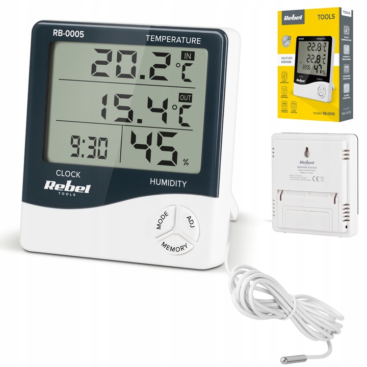 Stacja pogodowa bezprzewodowa na baterie termometr zegar Rebel
