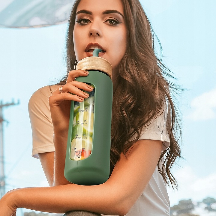 Szklana butelka na wodę z motywacją miarką z 2 słomkami bidon z ustnikiem