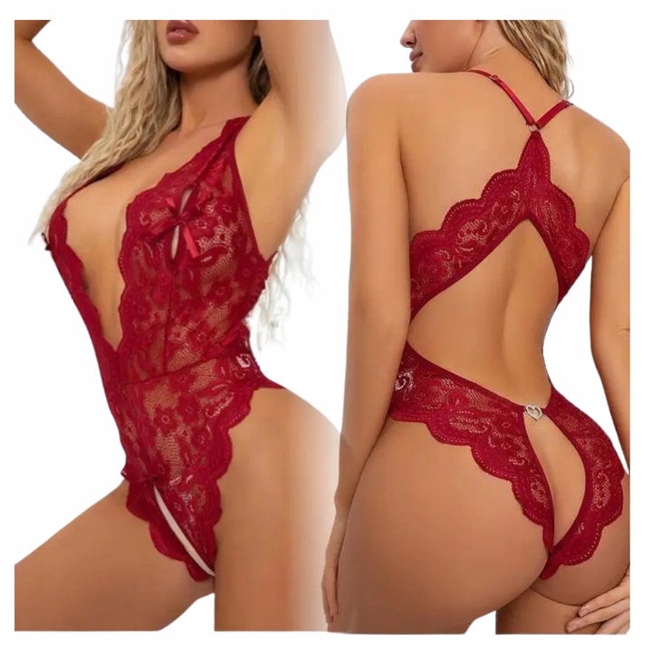 BORDOWE CZERWONE EROTYCZNE BODY KORONKOWE OTWARTYM KROKIEM DZIURKĄ 38 M/L