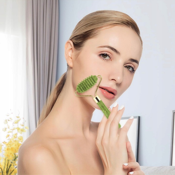 3w1 Masażer do twarzy KAMIEŃ GUA SHA z jadeitu zestaw roller wałek masażu