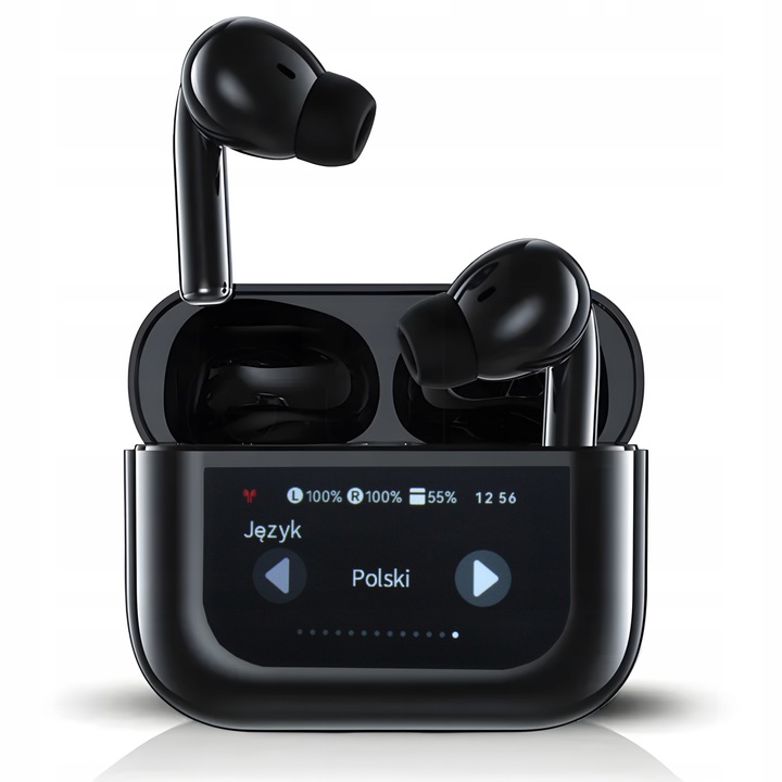 Słuchawki Bezprzewodowe Douszne PRO Lekkie ANC Mikrofon Czarne Wyświetlacz