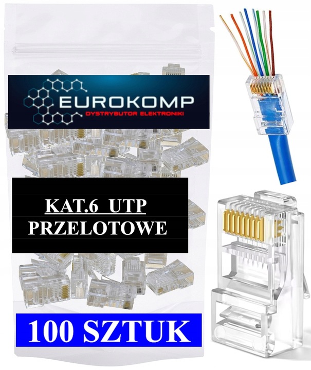 100 SZT KOŃCÓWKI WTYK WTYKI RJ45 8P8C UTP KAT 6 PRZELOTOWE EUROKOMP