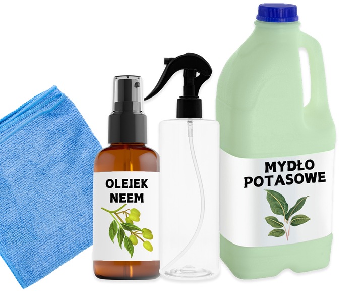 ZESTAW DO CZYSZCZENIA ROŚLIN LIŚCI KWIATÓW OLEJEK NEEM OLEJ MYDŁO POTASOWE