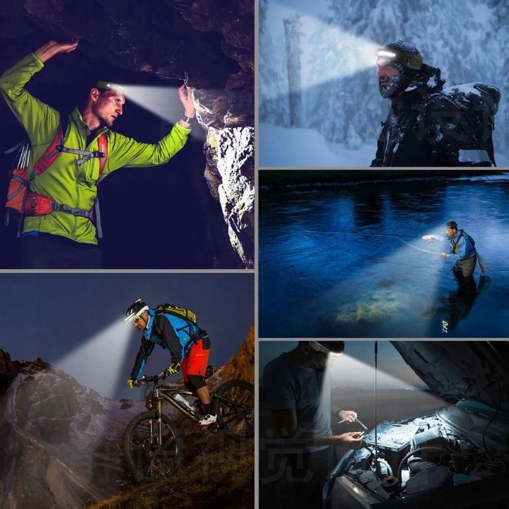 LATARKA CZOŁOWA CZOŁÓWKA LED NA GŁOWĘ LAMPKA AKUMULATOROWA COB CZUJNIK RUCH