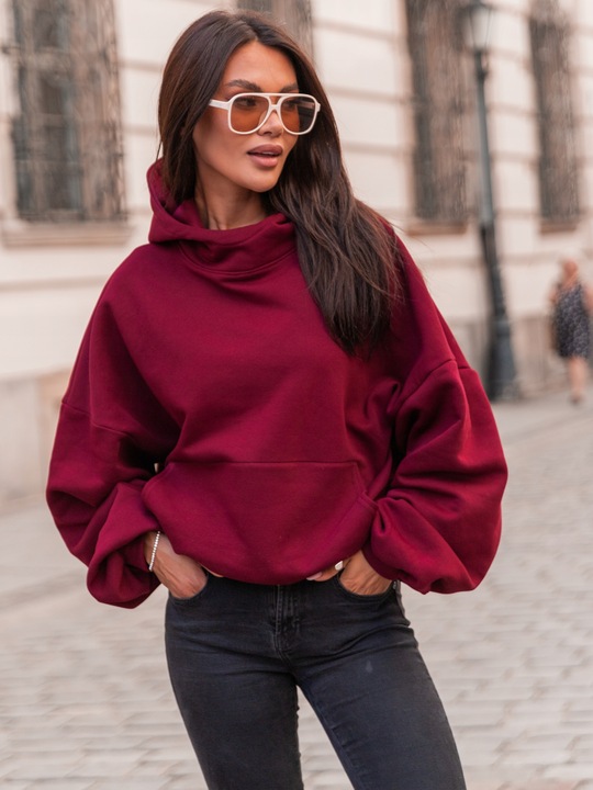 Bawełniana dresowa damska bluza z kapturem na stójce oversize bordowa