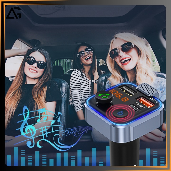 TRANSMITER BLUETOOTH SAMOCHODOWY FM USB 3.0A + 1.0A QC USB-C ŁADOWARKA