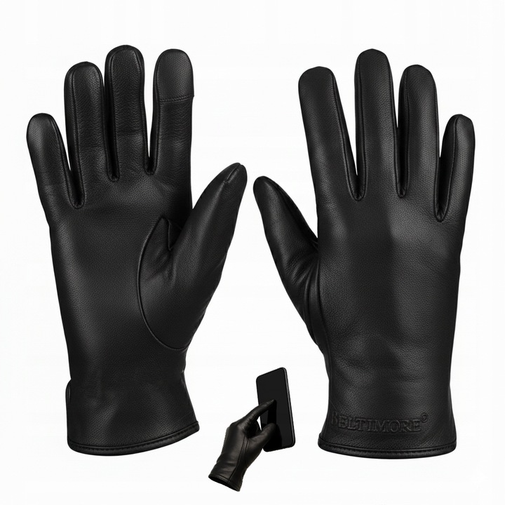 Rękawiczki skórzane damskie polar miś dotykowe pięciopalczaste