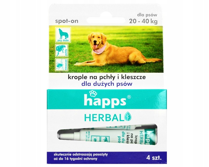 KROPLE NA PCHŁY KLESZCZE DLA DUŻYCH PSÓW (20-40KG) HAPPS DŁUGIE DZIAŁANIE
