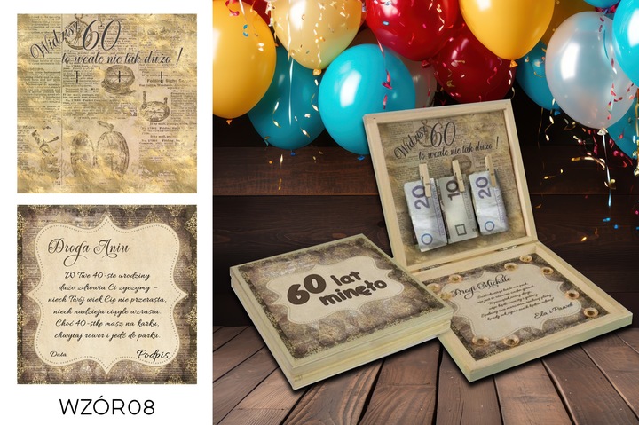 PREZENT NA 60 URODZINY PUDEŁKO Z ŻYCZENIAMI