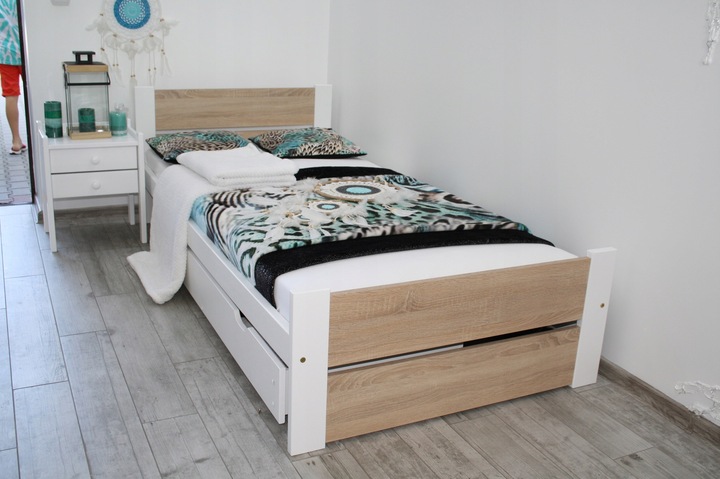 Łóżko pojedyncze drewniane LEA 90x200 białe Dąb Sonoma stelaż