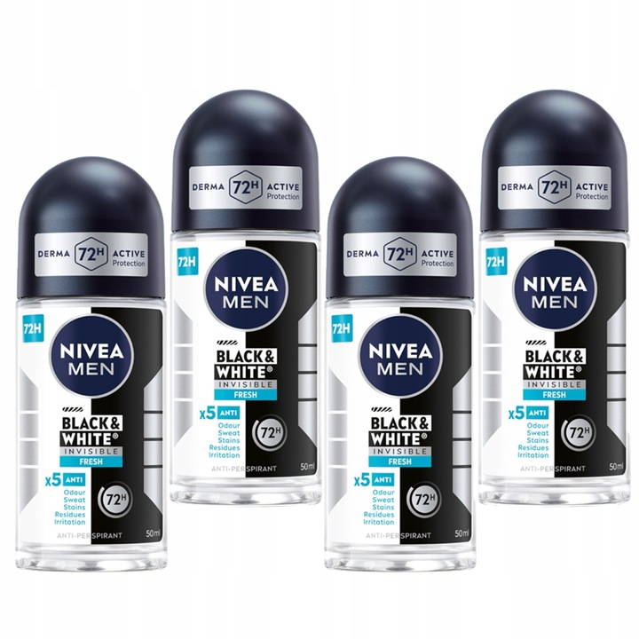 4 x NIVEA MEN Black&White Invisible Fresh Antyperspirant Roll on, 50 ml