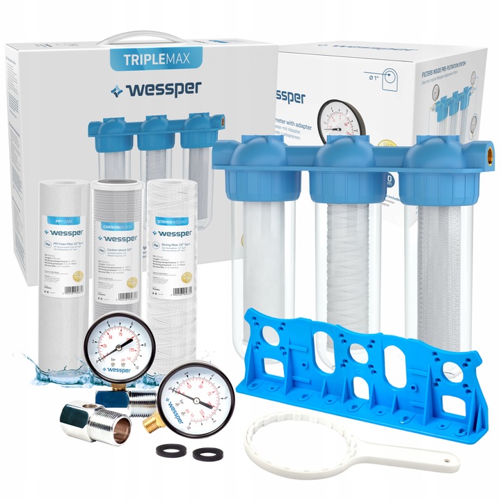 Filtr wody wstępny cały dom 3 stopniowy 1" + 6x wkłady + 2x ciśnieniomierz