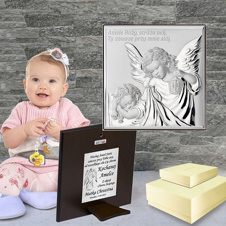 OBRAZEK SREBRNY NA CHRZEST ELEGANCKA UROCZA PAMIĄTKA ANIOŁEK Z GRAWEREM