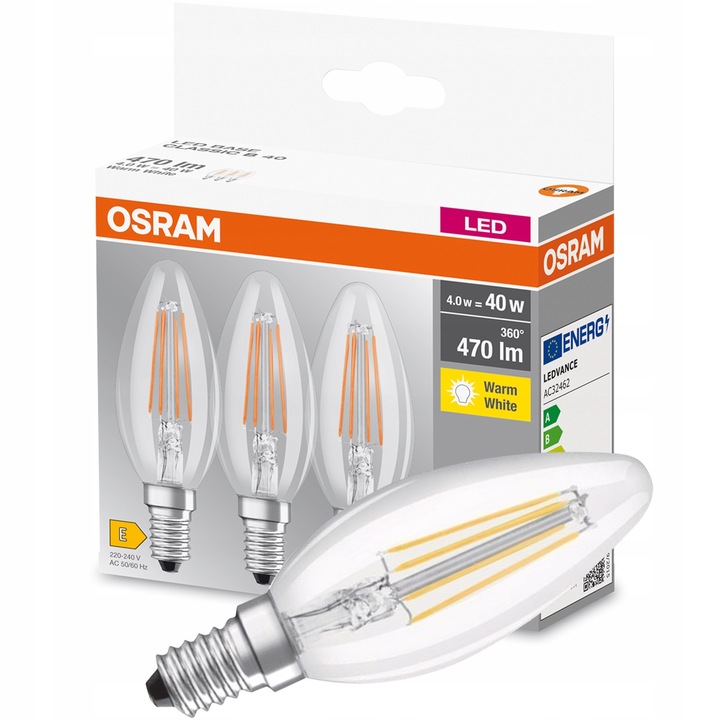 3x Żarówka LED E14 B35 4W = 40W 470lm 2700K Ciepła 300° Filament OSRAM
