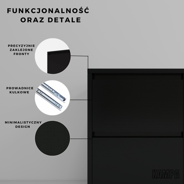 Praktyczna Szafka Nocna CZARNA 2 szuflady stolik nocny loft 42x52x43cm