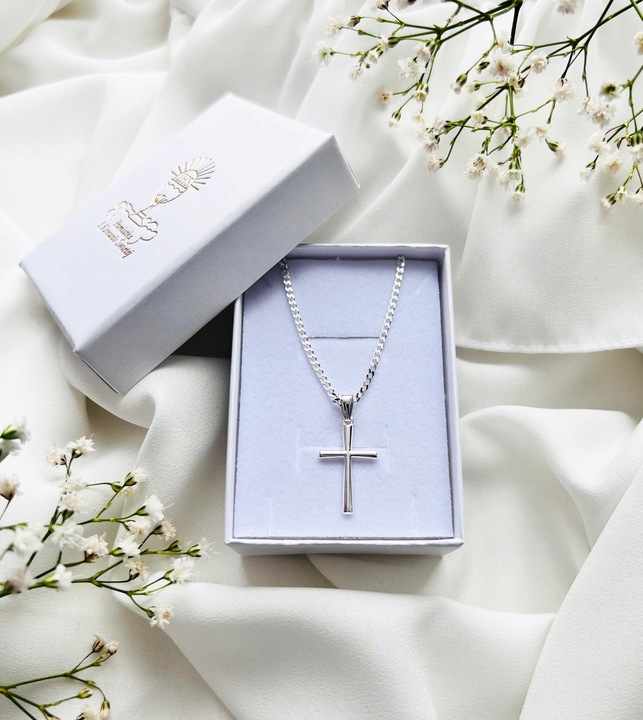 SREBRNY ŁAŃCUSZEK KOMUNIJNY PANCERKA 45CM+ KRZYŻ