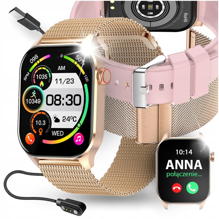 SMARTWATCH DAMSKI ZEGAREK POMIAR GLUKOZY CIŚNIENIE MENU PL ROZMOWY 2 PASKI