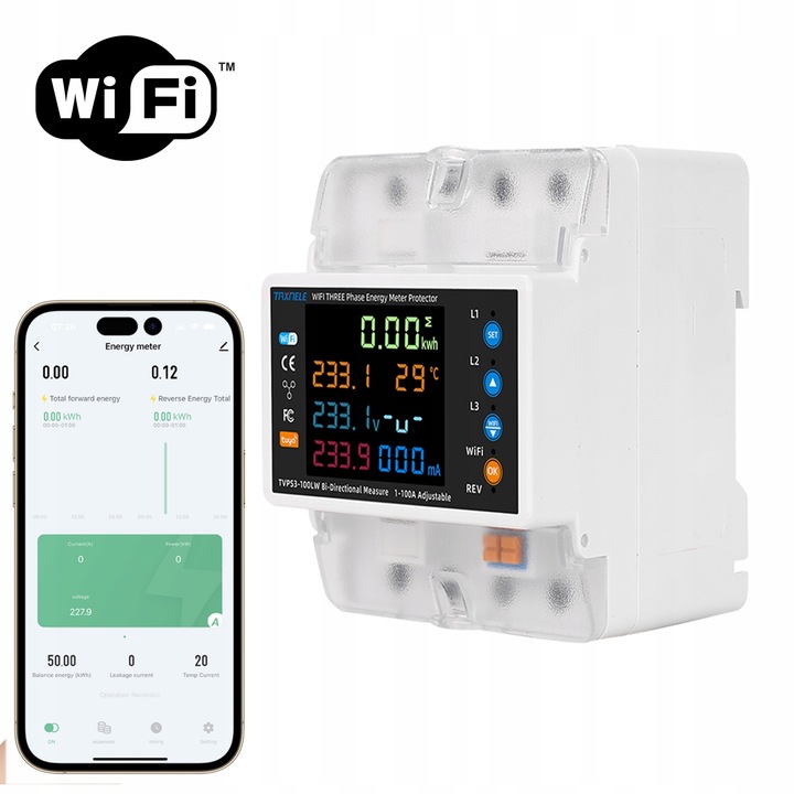 Licznik energii prądu 3-fazowy 2-kierunki PV przekaźnik 100A LCD WiFi