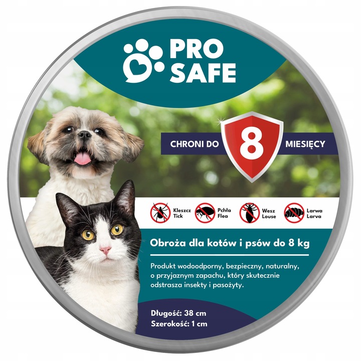PRO SAFE Obroża na KLESZCZE PCHŁY psów kotów do 8kg ANTYKLESZCZOWA 38cm
