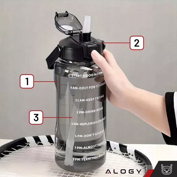 Butelka Bidon ze Słomką 2L na Wodę do Picia Motywacyjna z Przypomnieniem