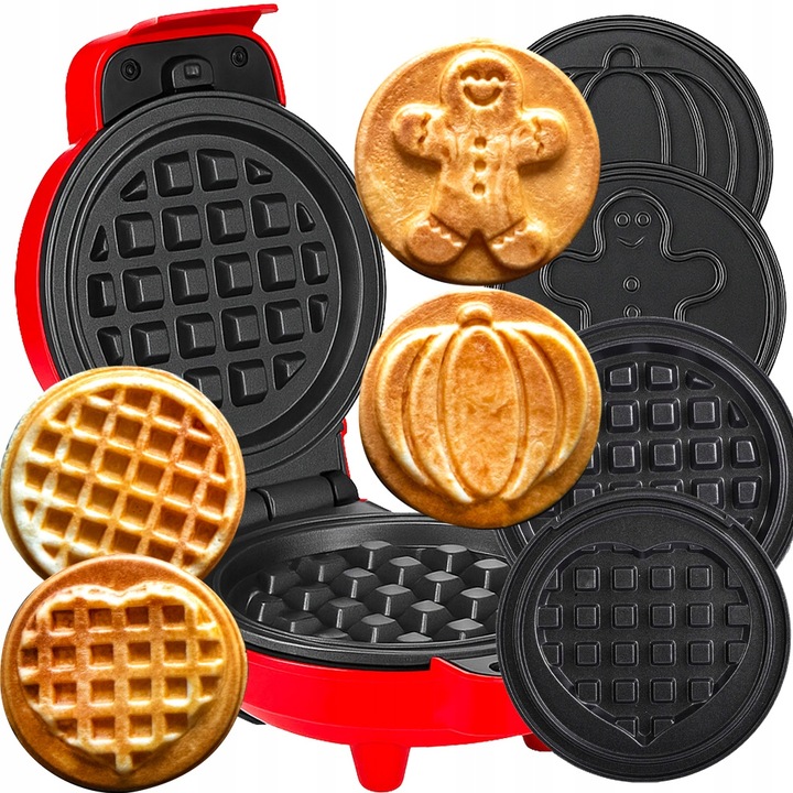 GOFROWNICA MINI GOFRY MOCNA NIEPRZYWIERAJACA 8 PŁYTEK 4 WZORY CZERWONA