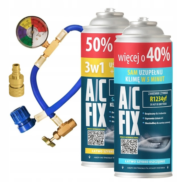A/C FIX Uszczelniacz 3w1 + GAZ R1234YF +40% + PRZEWÓD Z MANOMETEM +ADAPTER