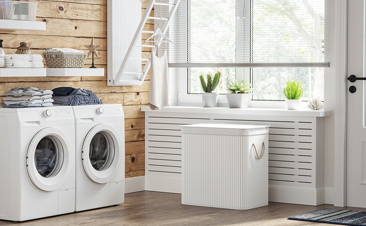 Kosz wolnostojący na pranie na bieliznę 150l biały bambusowy