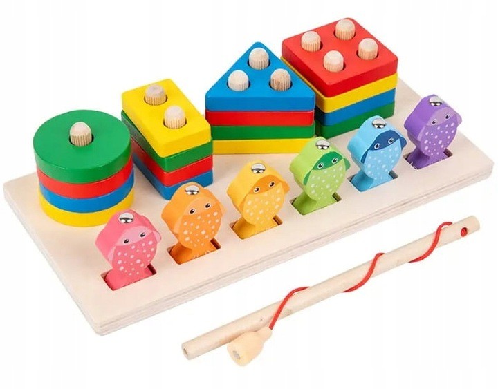 V4 ŁOWIENIE RYBEK SORTER DREWNIANY UKŁADANKA FIGURY 4 WIEŻE WĘDKA RYBKI 2w1