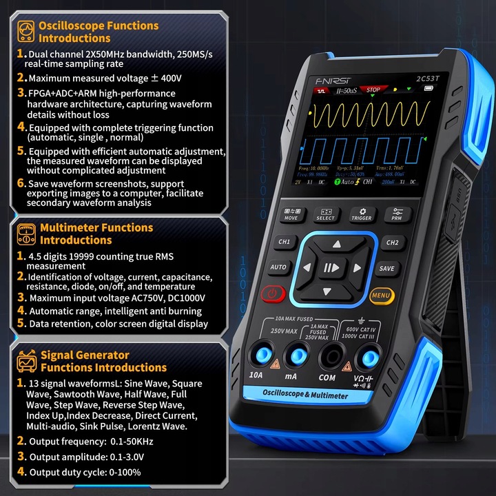 FNIRSI 2C53T Ulepszony oscyloskop 3 w 1 Multimetr Generator sygnału