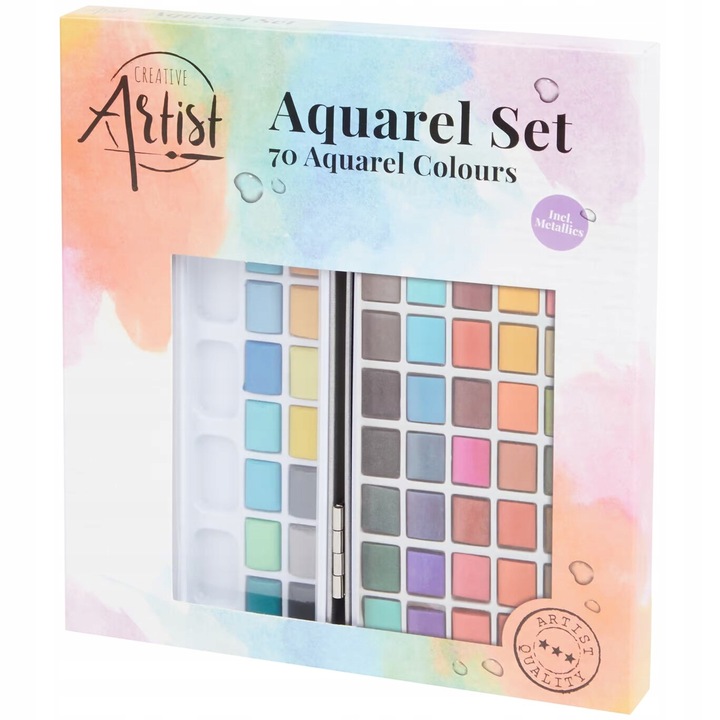 FARBY AKWARELOWE METALICZNE WODNE ZESTAW FARB W KOSTKACH AKWARELE 70 KOL