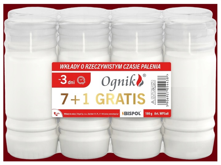 Wkłady do zniczy Bispol parafinowe 3 dni palenia wysokość 14,5 cm - 8 szt