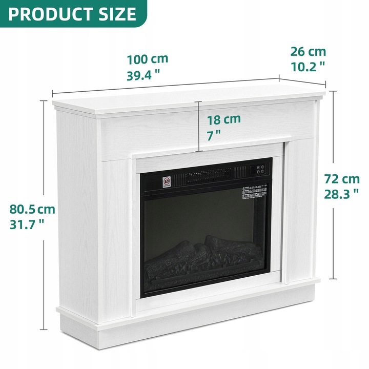 Kominek elektryczny z ogrzewaniem, płomień 3D, luksusowy biały