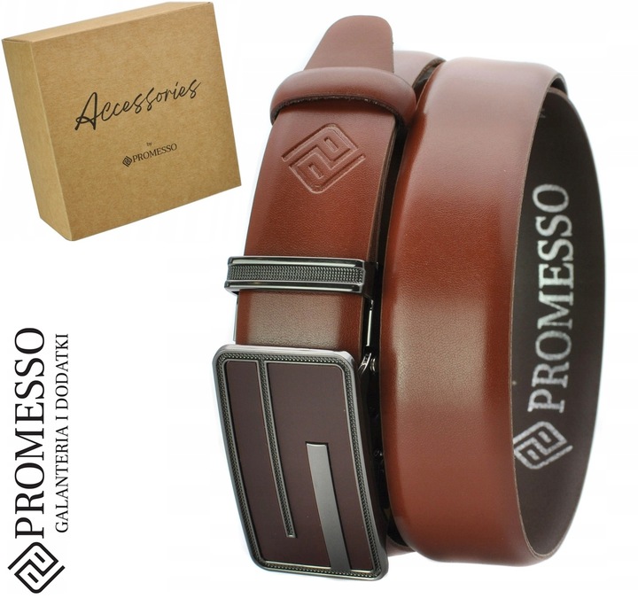 PROMESSO Męski pasek skóra z automat. klamra 100%PL + pudełko NA