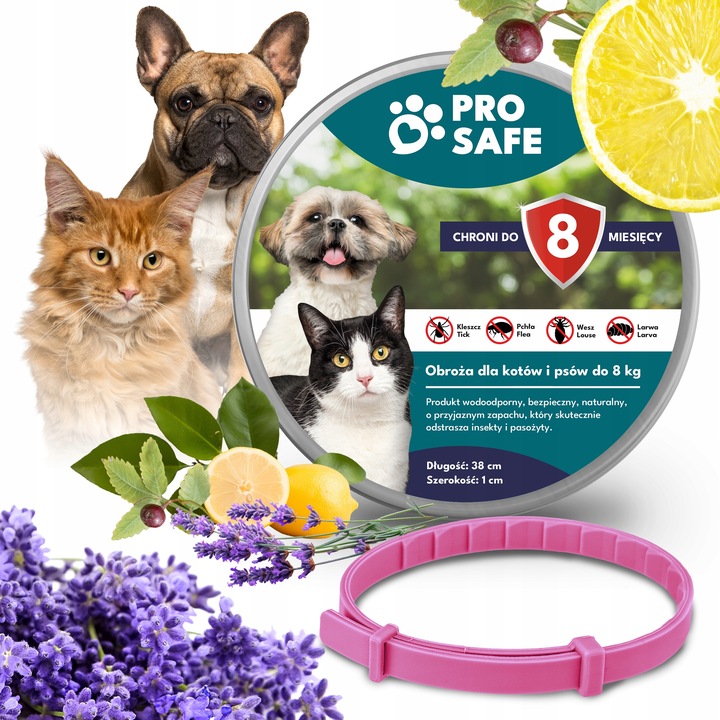PRO SAFE Obroża na KLESZCZE PCHŁY psów kotów do 8kg ANTYKLESZCZOWA 38cm