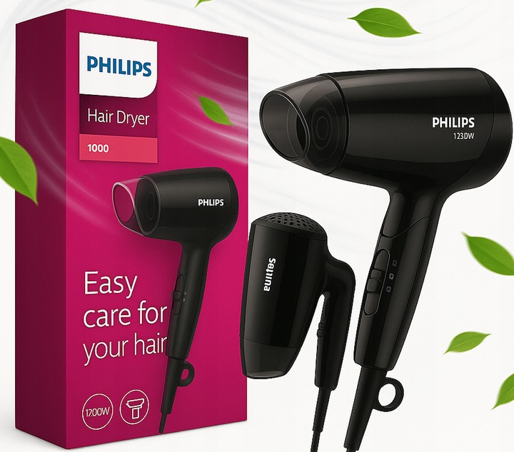 SUSZARKA DO WŁOSÓW PHILIPS MAŁA KOMPAKTOWA SKŁADANA PODRÓŻNA Z NASADKĄ