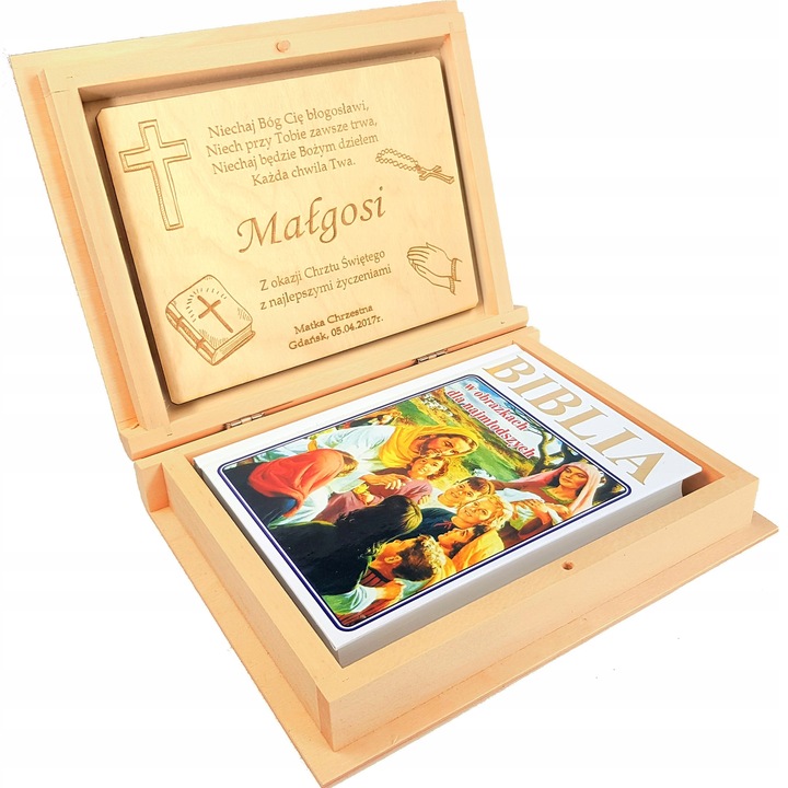 Pamiątka Komunii Świętej - Biblia Pismo Św Pudełko Imię Grawerowane GRATIS!