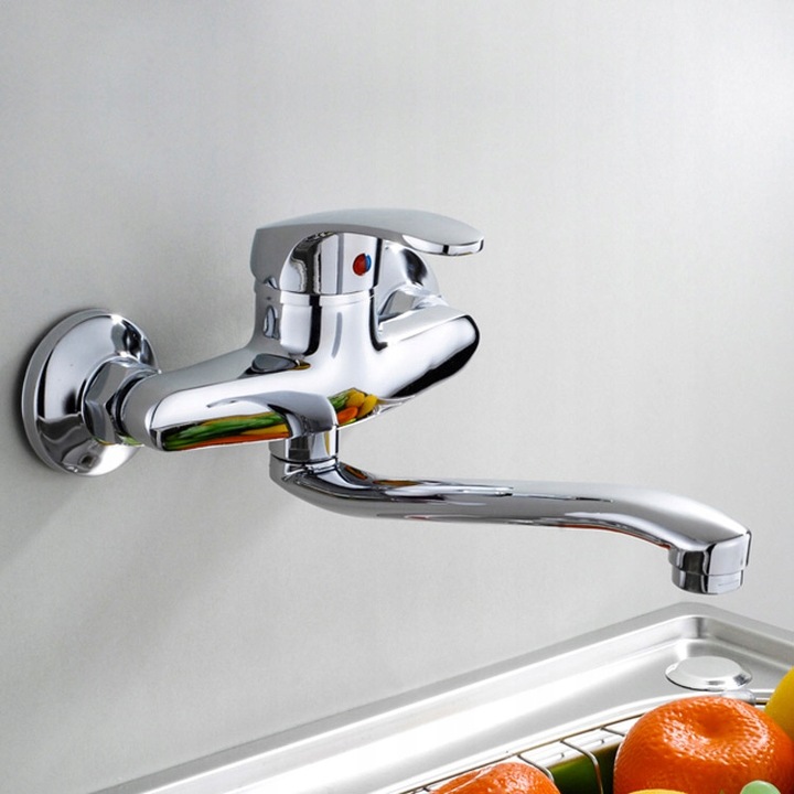 BATERIA UMYWALKOWA ŁAZIENKOWA ŚCIENNA OBROTOWA KRAN DŁUGA WYLEWKA CHROM