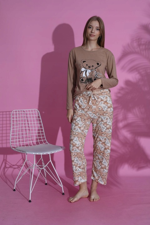 NETi Przewiewna i Delikatna Bawełniana Piżama Damska z Długim Rękawem Brown