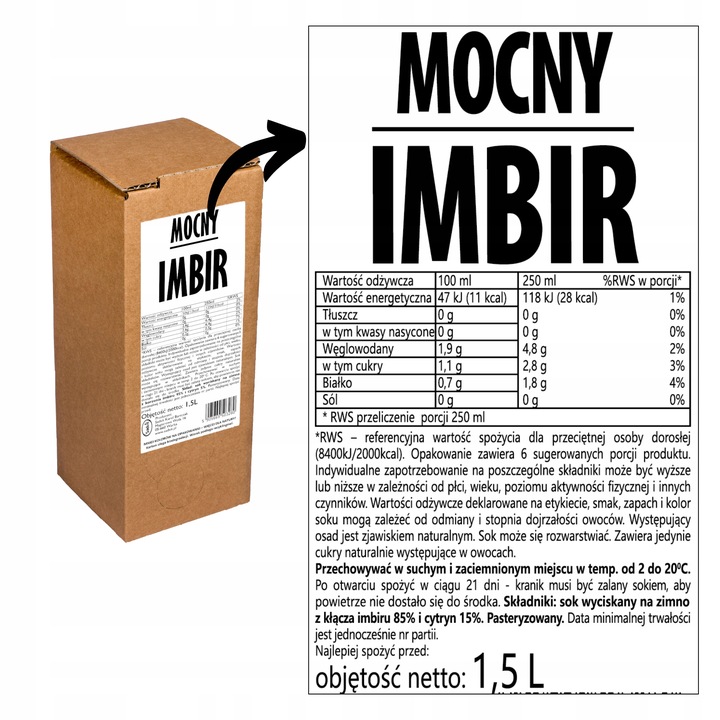 sok z imbiru imbirowy 100% tłoczony naturalny 1,5L do herbaty pasteryzowany
