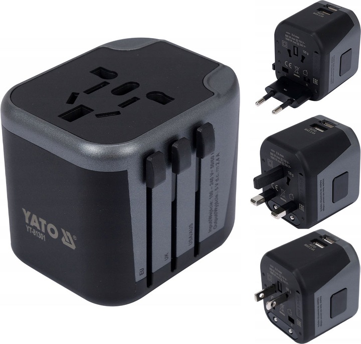 YATO ADAPTER PODRÓŻNY WTYCZKA PRZEJŚCIÓWKA Z ŁADOWARKĄ 2XUSB USA UK EU