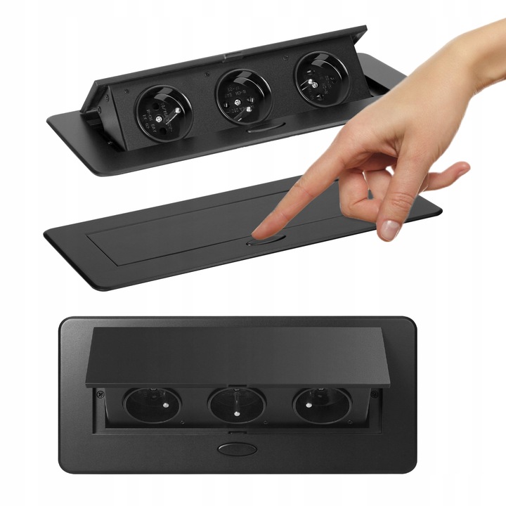 gniazdo wpuszczane chowane w blat potrójne stalowe czarne gniazdo