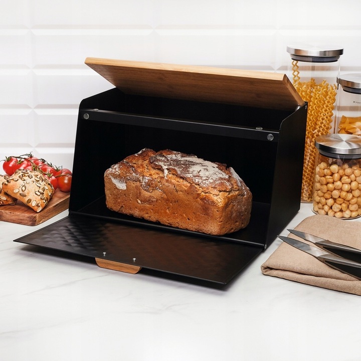 Elegancki CHLEBAK CZARNY metalowy pojemnik na chleb pieczywo Geometric
