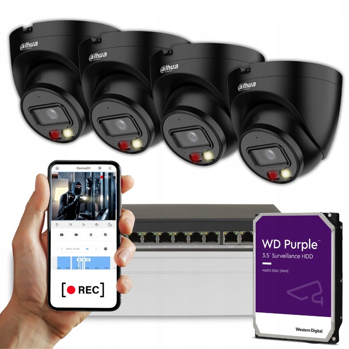 Zestaw 4 KAMER monitoring IP Smart Dual Light 4MPX TURRET czarne DAHUA