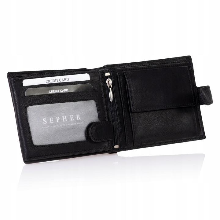 SEPHER Portfel 100% Skórzany Męski CZARNY zatrzask