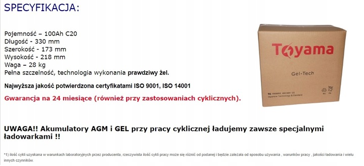 Akumulator żelowy GEL Toyama NPG 100 12V 100Ah