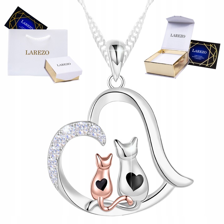 Srebrny Naszyjnik Serce z Kotami Dwa Koty Serca Serduszko Kot SREBRO 925