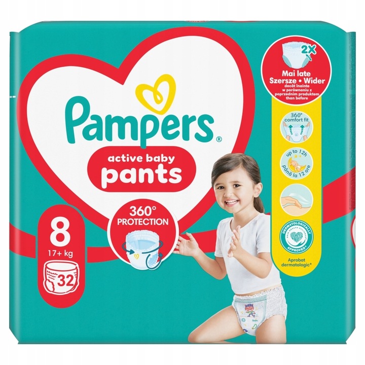 Zestaw Pampers Pants Pieluchomajtki, 19kg+, rozmiar 8, 2 x 32 szt + GRATIS