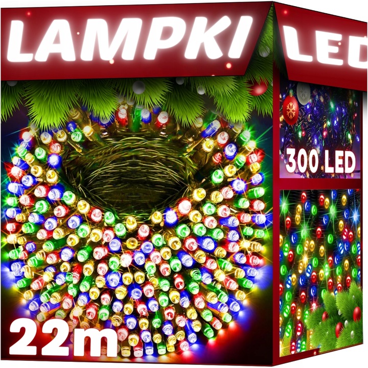 LAMPKI CHOINKOWE 300LED 22m ZEWNĘTRZNE WEWNĘTRZNE MULTIKOLOR ŚWIĄTECZNE