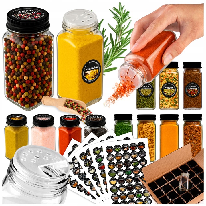 SZKLANE POJEMNIKI NA PRZYPRAWY 24x SŁOICZKI + 200 ETYKIET PRZYPRAWNIK